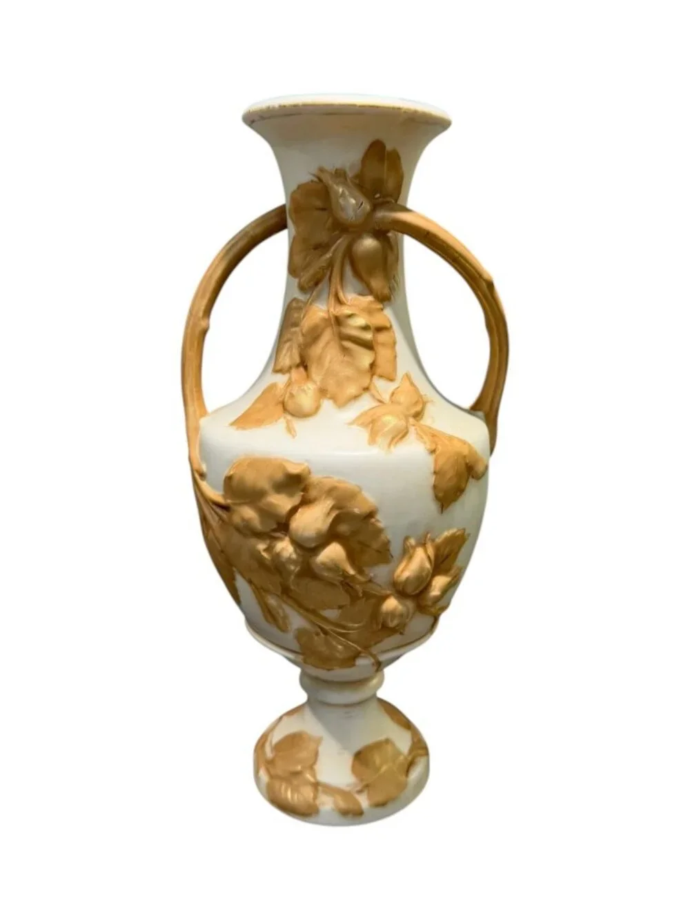 Royal Dux Bohemia Vase 12” Applied Gold Floral Twin Handle Czechoslovakia